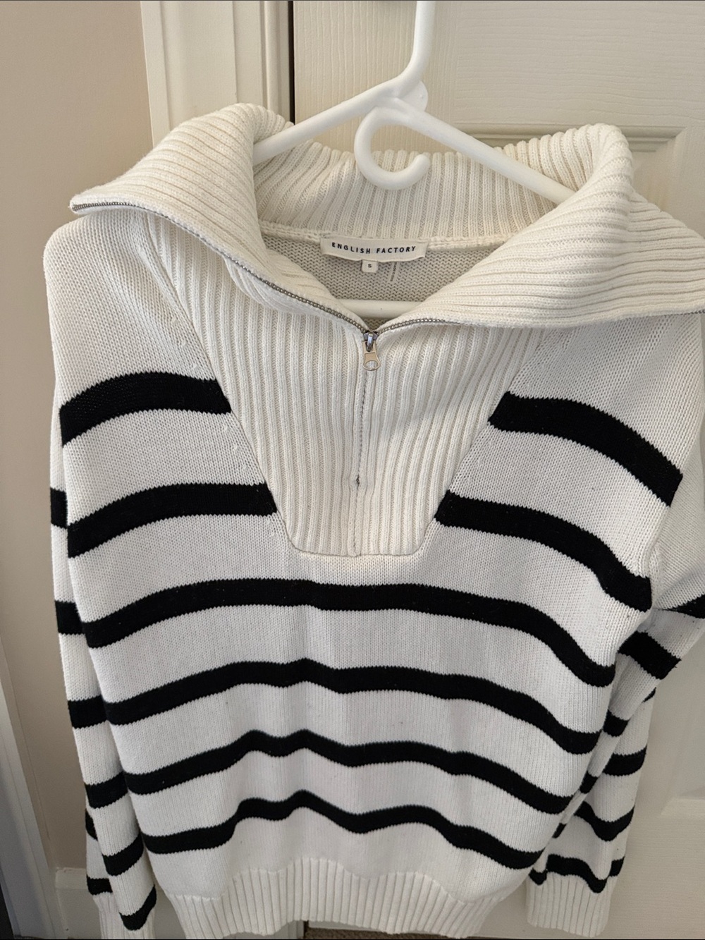 English Factory Black & White Striped Half-Zip Cowl Sweater